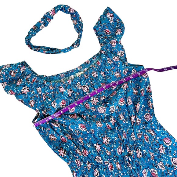 BeBop Like-new Blue Floral SunDress Elastic Ruffle Off Shoulder Mini Size M - Picture 7 of 11